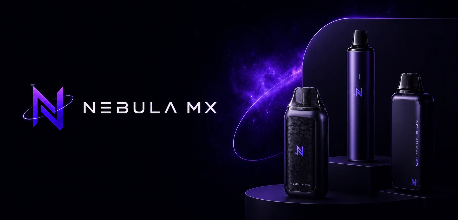 Vista del catálogo digital de Nebula MX con estética espacial en tonos negros y violetas y presentación de productos de la marca.